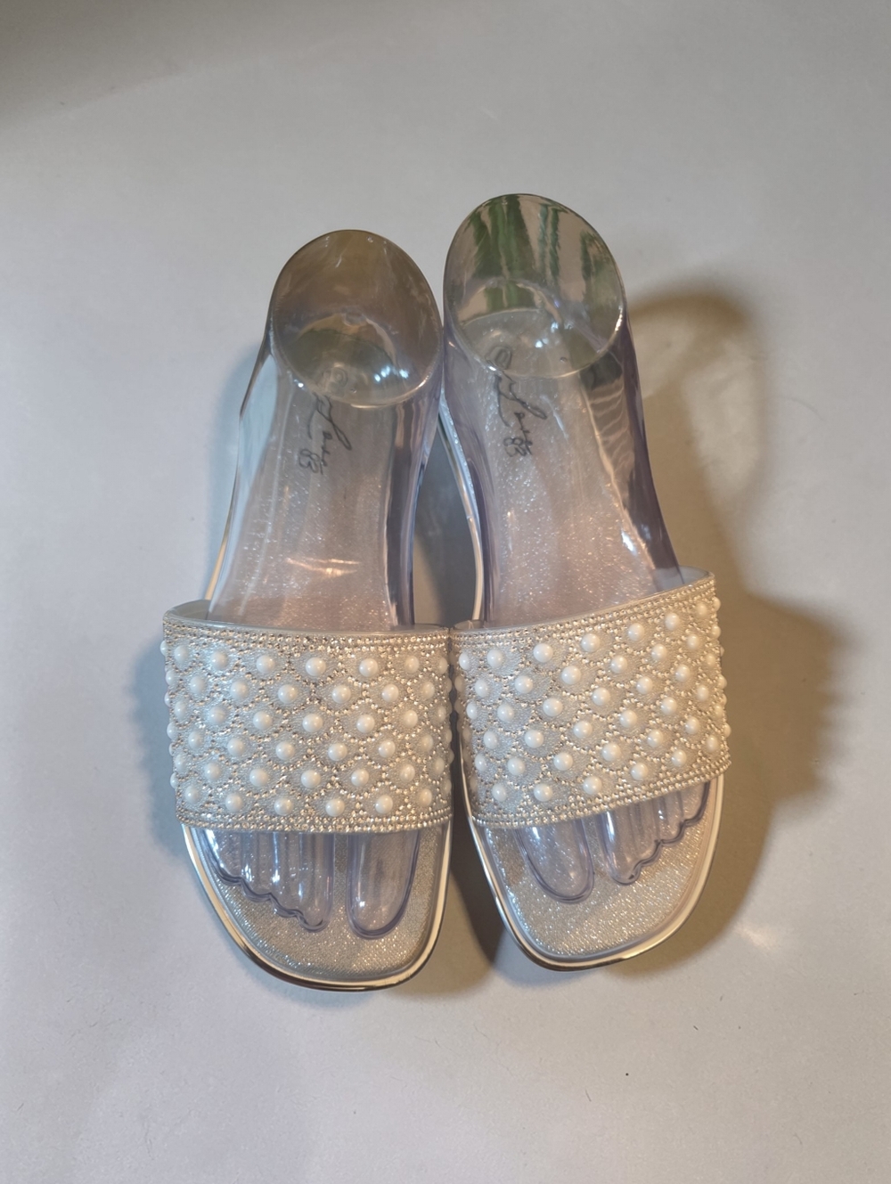 Pearl-Embellished White Slide Sandals